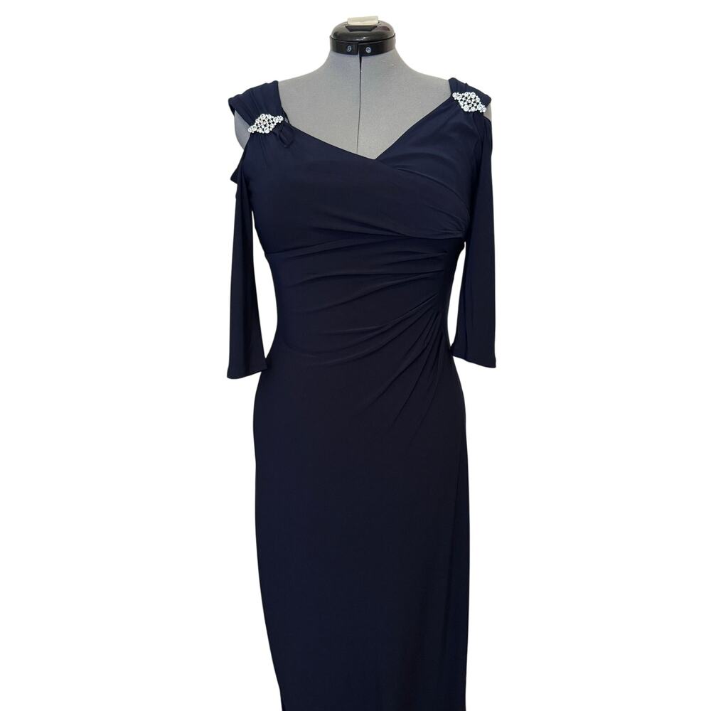 R&M Richards Navy Blue Formal Maxi Dress Women Rhinestone Shoulder Formal Size 6